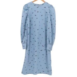 Crane Bird Midi Dress Victorian Modest Church Long Sleeve Button Cuff Size 6